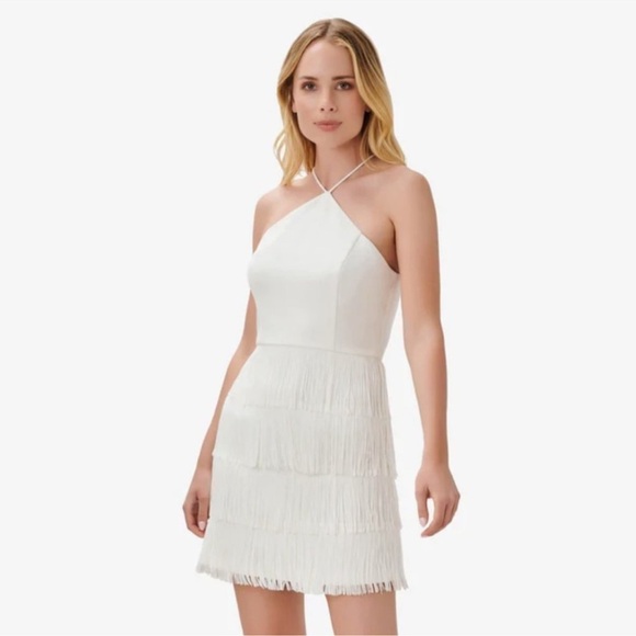 Aidan Mattox Fringe Trim Mini Sheath Cocktail Halter Dress Ivory - Picture 1 of 7